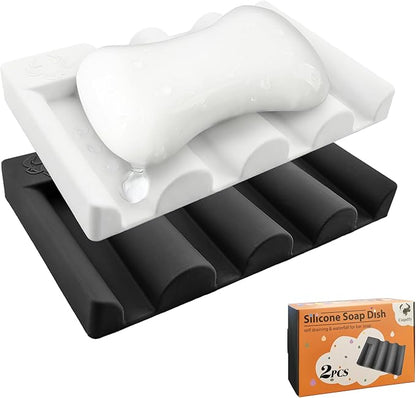 Silicone Soap Dish,Self Draining Soap Holder Perfect for Shower,Bathroom Sink,Kitchen Sink & Travel,Non-Slip Bar Soap Holder Extend Soap Life,Keep Soap Bars Dry & Easy Cleaning (White+Black)-2Pcs