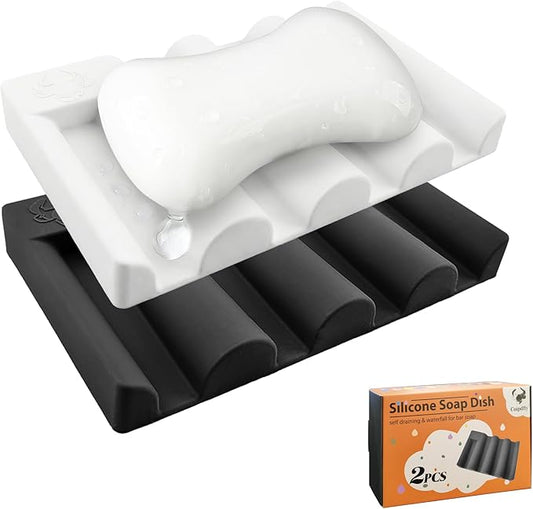 Silicone Soap Dish,Self Draining Soap Holder Perfect for Shower,Bathroom Sink,Kitchen Sink & Travel,Non-Slip Bar Soap Holder Extend Soap Life,Keep Soap Bars Dry & Easy Cleaning (White+Black)-2Pcs