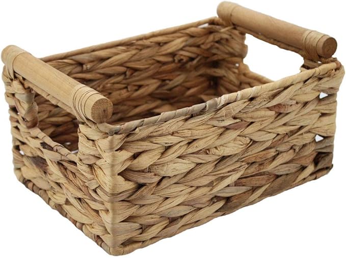 Storage Basket made by Water Hyacinth with Wood Handles, Arts and Crafts. (Large) Natural