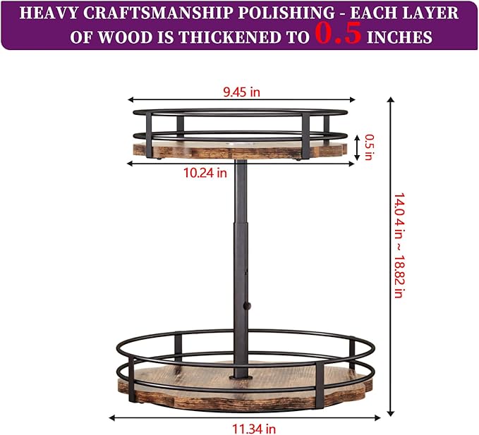 Heavy-Duty 2-Tier Lazy Susan Organizer, Adjustable to Different Heights, Countertop Spice Rack, Upgraded Thickened Wooden Board, Suitable for Seasoning Organizer, Kitchen Organization