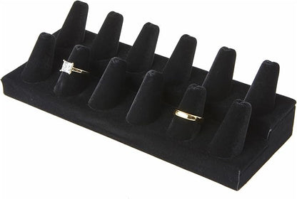 Plymor Black Velvet 2-Tier Ring Finger Display, Twelve on Rectangular Base, 8.125" W x 3.25" D x 2.5" H (Pack of 2)
