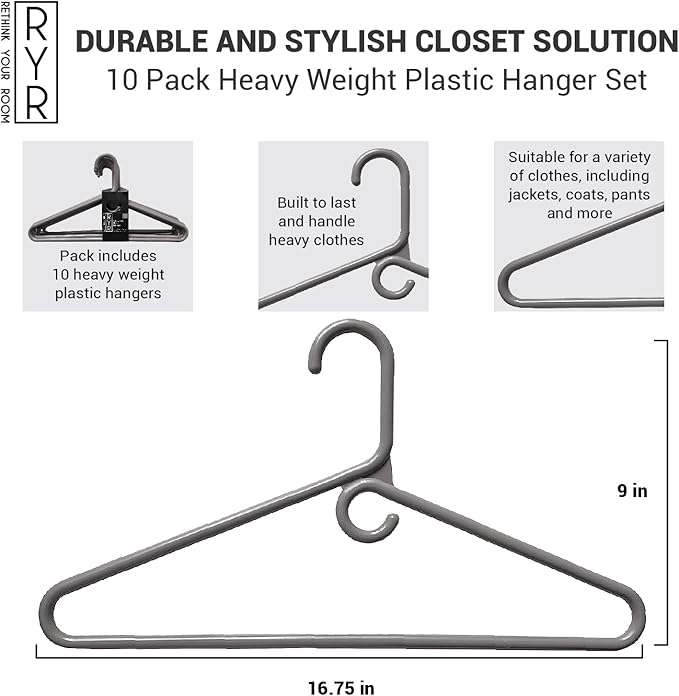 Clothes Hangers 10 Pack Plastic - Heavy Duty Space Saving Coat, Velvet Hangers, Pant Hangers for Closet Organization - Durable Non-Slip, Grey Wardrobe Essentials Bulk Storage