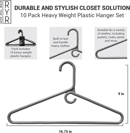 Clothes Hangers 10 Pack Plastic - Heavy Duty Space Saving Coat, Velvet Hangers, Pant Hangers for Closet Organization - Durable Non-Slip, Grey Wardrobe Essentials Bulk Storage