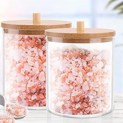 2 Pack Acrylic Qtip Holders, Large Cotton Round Holder with Bamboo Lid Clear Apothecary Jars Bathroom Canister Storage for Q-Tips, Cotton Pads & Swab, Hair Ties, Makeup Brush Organizing