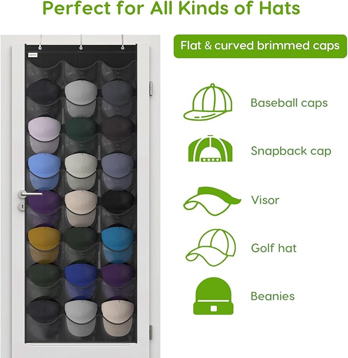 Baseball Hat Rack, 24 Pocket Over-The-Door Hat Organizer with Clear Deep Pockets to Display Baseball Caps Collection, Complete with 3 Over Door Hooks (Black, 24 Pockets)