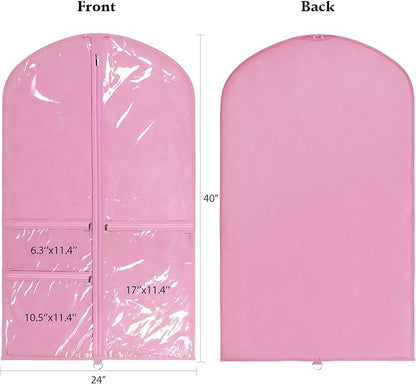 Univivi Dance Costume Bags Garment Bag 40 Inch Hanging Clothes for Dance Competitions, with 3 Medium Clear Zipper Pockets for Dance Costumes, Closet Storage (Pink) - 12 Pack