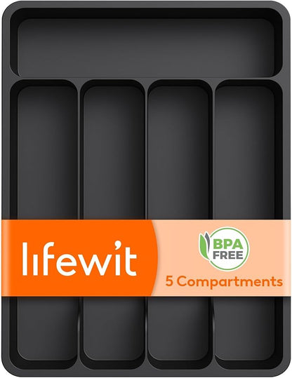 Lifewit Silverware Drawer Organizer Tray, Plastic Cutlery Storage for Kitchen, Flatware and Utensil Holder Divider for Spoons Forks Knives Tableware, 9.1 x 12.6", 5 Slots, Black