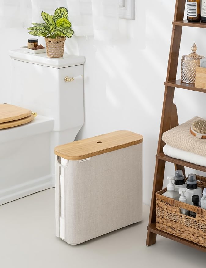 StorageWorks Large Toilet Paper Storage with Bamboo Lid, Toilet Paper Holder Basket for Up to 12 Mega or 16 Regular Size Rolls, Paper Storage Baskets for Bathroom, Light Khaki, 1 Pack