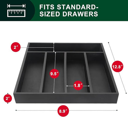 Ayiaren Small Wooden Silverware Organizer Kitchen Utensil Drawer Organizers Narrow Cutlery Tray Black Wood Flatware Organizer for Drawers Spoon and Fork Organizers Bamboo Utensil Holder Drawer Tray