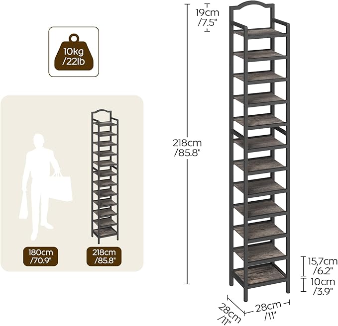 YATINEY 12-Tier Tall Shoe Rack, Vertical Shoe Organizer for Small Spaces, Wooden Shoe Shelf for Entryway, Space Saving Shoe Storage, Holds 12 Pairs of Shoes, Charcoal Gray and Black SS52BC