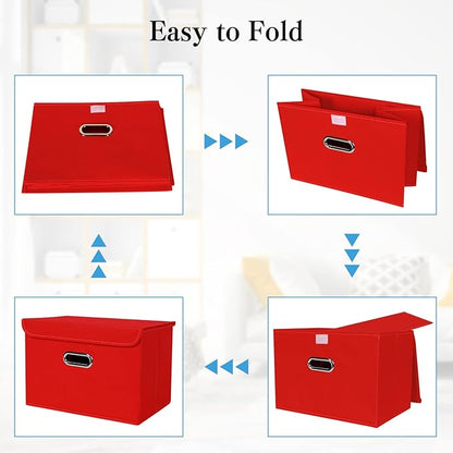 STOREONE Fabric Storage Cube Bins Foldable Organizer Container Collapsible Basket with Lids and Metal Handles, for Home, Bedroom, Closet 8 Pcs (Red)