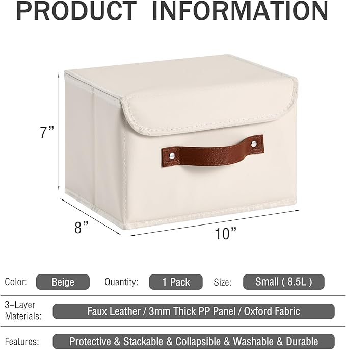 Storage Bins Box with Lids Decorative PU Leather Fabric Baskets Cubes with Handles PP Plastic Board Foldable Washable Lidded Clothing Shelf Closet Organizer Container (Beige, Small)