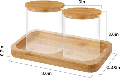 BKYFPQ Bamboo Vanity Tray, Bathroom Tray Organizer Glass Qtip Holder Dispenser Apothecary Jars for Cotton Swabs Balls, Round Pad, Perfume Candles, Cosmetics and Jewelry Storage Organizer