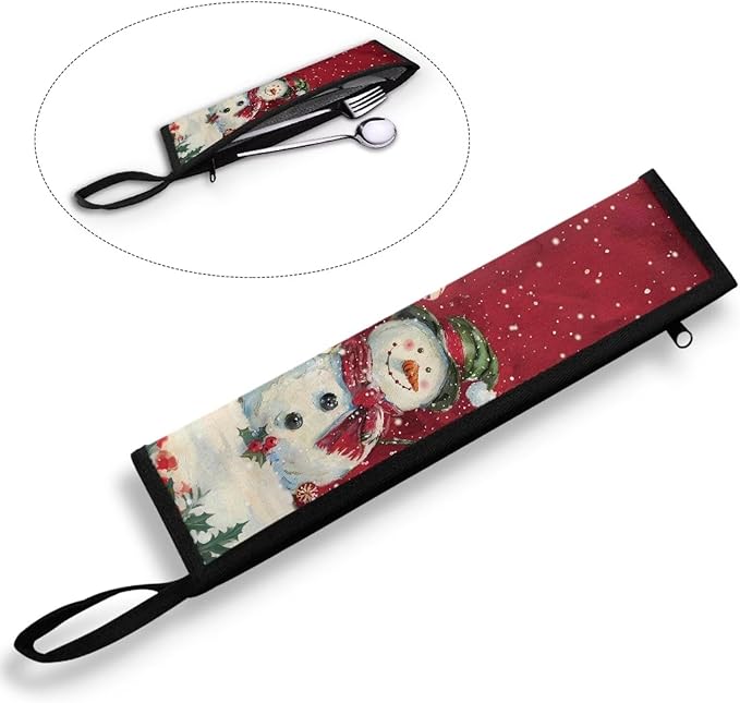 COEQINE Chrismtas Utensil Case for Women Fashion Kitchen Leafproof Replacement Portable Travel Silverweare Bag Portable Leaf-proof Soft Foldable With Keychain,Snowman