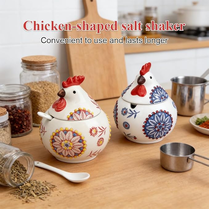 AKAZA 2 Pcs Ceramic Salt Cellar with Lid and Spoon, 13oz Chicken Decor Salt Holder, Airtight Salt Containers For Countertop, Food Storage Canisters for Spices Sugar, Red & Blue (RED+BLUE)