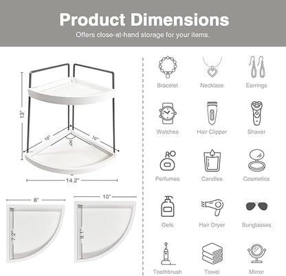 Forbena Corner Bathroom Organizer Countertop, 2Tier Sink Corner Shelf Stand for Kitchen Counter, Modern Coffee Bar Organizer Station, Round Vanity Tray for Men Desk Organization -White and Grey