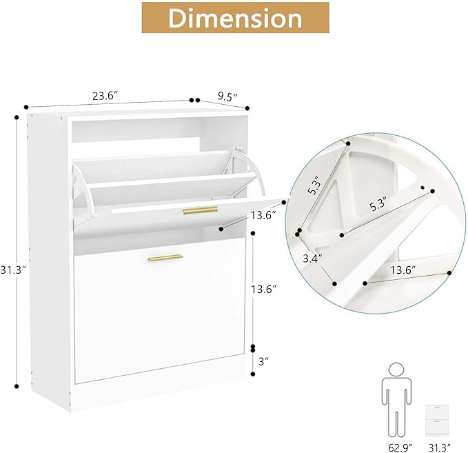 LYNSOM Shoe Cabinet, Free Standing Tipping Bucket Shoe Rack Organizer with 2 Flip Drawers, Modern Entryway Shoe Storage with Top Display, Narrow Slim Hidden Shoe Cabinet (White)