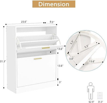 LYNSOM Shoe Cabinet, Free Standing Tipping Bucket Shoe Rack Organizer with 2 Flip Drawers, Modern Entryway Shoe Storage with Top Display, Narrow Slim Hidden Shoe Cabinet (White)
