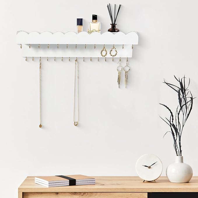 Wall Mount Jewelry Organizer with 28 Hooks and Cosmetics Shelf, Modern Wood Hanging Jewelry Holder for Necklaces, Bracelets, Earrings and Rings, White