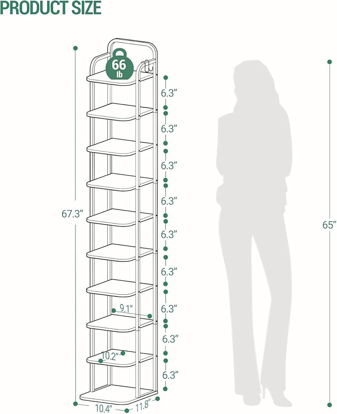 Hzuaneri 10 Tiers Vertical Shoe Rack, Narrow Shoe Tower, Tall Shoes Shelf with 2 Hooks, Adjustable Shelves, Corner Shoes Shelves for Small Spaces, Entryway, Living Room, Rustic Brown SR11201B