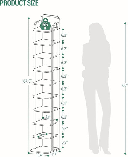 Hzuaneri 10 Tiers Vertical Shoe Rack, Narrow Shoe Tower, Tall Shoes Shelf with 2 Hooks, Adjustable Shelves, Corner Shoes Shelves for Small Spaces, Entryway, Living Room, Rustic Brown SR11201B
