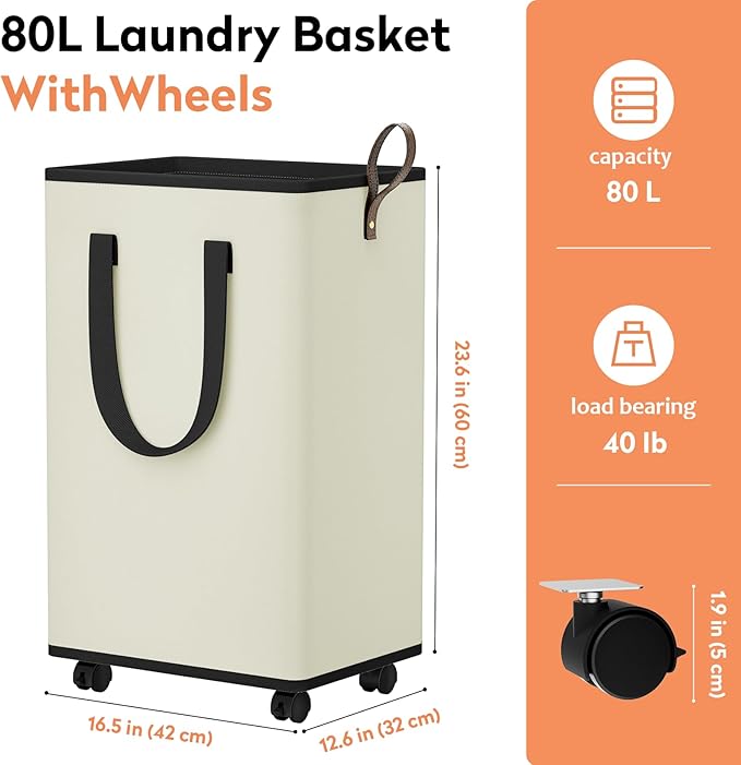 SpaceTrove Laundry Basket with Wheels, Collapsible Laundry Baskets, Laundry Hamper with Handles Detachable Wheels, Rolling Laundry Basket, Dirty Clothes Hamper for Bathroom, Dorm, Bedroom, Cream, 80L