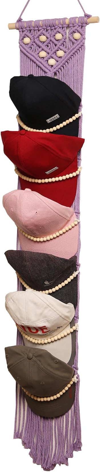 jontell Ball Cap Hanger-1 Pack-Boho Macrame Cap Holder Wall Hat Organizer for Baseball Cap Holder Over Door, Hat Rack for Wall, Cap Rack for Decoration and Display(purple)