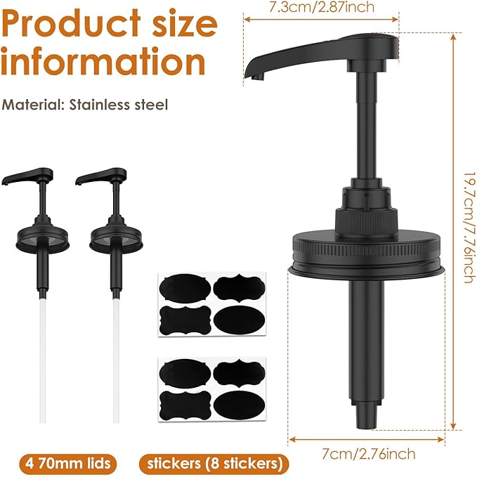 4Pcs Mason Jar Syrup Dispenser Stainless Steel Jar Syrup Dispenser Pump Lid, Honey Sauce Dispensers for 16 oz Regular Mouth, Coffee Syrups Distributor Pump Cover(Black,4Pcs)