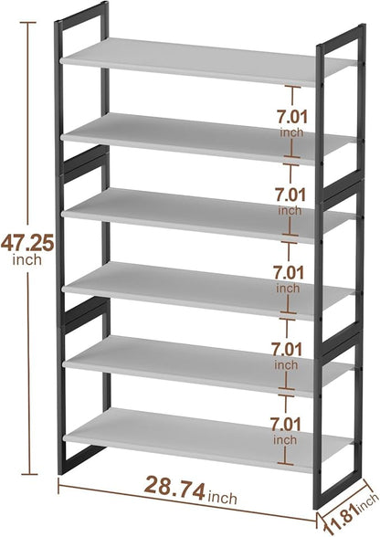 6-Tier Shoe Rack Organizer, Zero-Wobble Metal Frame with Screw-Fastened Joints, 11.8" Deep Heel-Friendly Non-Woven Shelves, Stackable Shoe Storage for Closet & Entryway