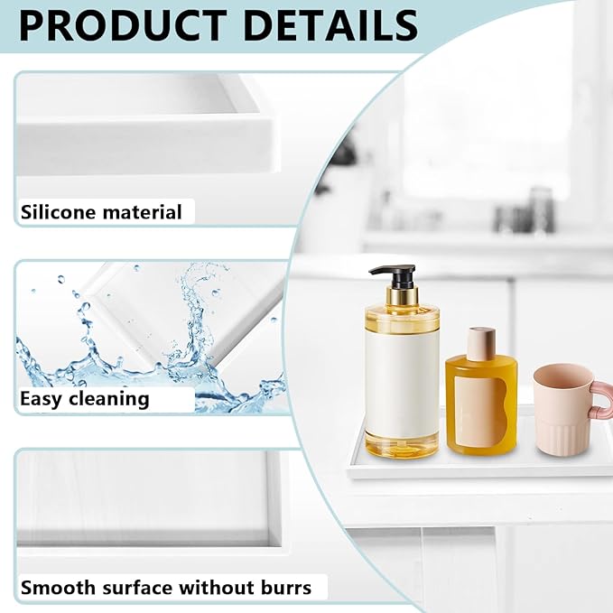 2 Pack Bathroom Tray Countertop, Large 12'' Shatterproof Silicone Vanity Tray Rectangular Toilet Tank Tray, Soap Dispenser Tray Sponge Holder for Kitchen Sink (Marble White)