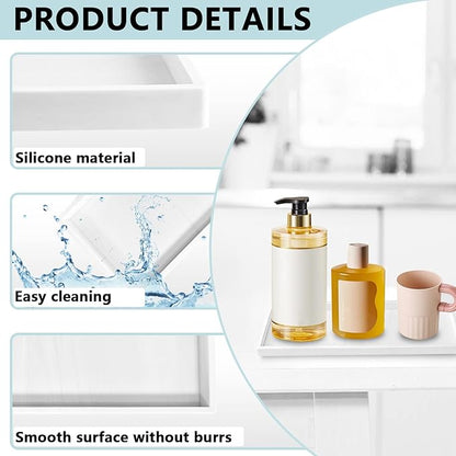 2 Pack Bathroom Tray Countertop, Large 12'' Shatterproof Silicone Vanity Tray Rectangular Toilet Tank Tray, Soap Dispenser Tray Sponge Holder for Kitchen Sink (Marble White)