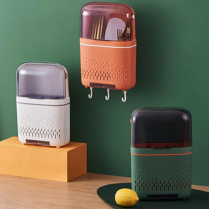 Coral Orange Chopstick Container - Rustproof Compartmental Storage Cutlery Drainer with Cover - Waterproof Chopstick Storage Rack - Hanging Kitchen Utensil Holder