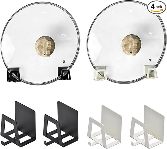 Pot Lid Holders Organizer Wall-Mounted Hook Rack Holder Organizers Inside Cabinet Door Wall Mount Pots Top Holder for Kitchen Cupboard Bedroom Living Room (4, Black+White)
