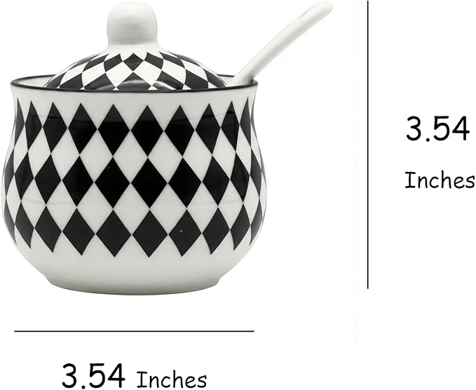 Snailhouse Salt Cellar with Lid and Spoon, 7 OZ Ceramic Spice Holder Container Jar Bowl Keeper Storage Canister for Countertop, Black Checkered