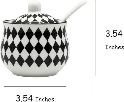 Snailhouse Salt Cellar with Lid and Spoon, 7 OZ Ceramic Spice Holder Container Jar Bowl Keeper Storage Canister for Countertop, Black Checkered