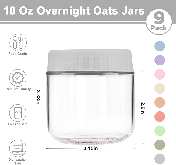 Overnight Oats Containers with Lids, 10oz Wide Mouth Mason Jars with Lids, 9 Pack Glass Jars with Airtight lid for Chia Pudding Yogurt Salad, Meal Prer Oatmeal Jars, Gray