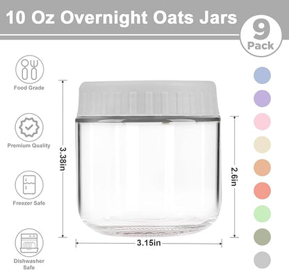 Overnight Oats Containers with Lids, 10oz Wide Mouth Mason Jars with Lids, 9 Pack Glass Jars with Airtight lid for Chia Pudding Yogurt Salad, Meal Prer Oatmeal Jars, Gray