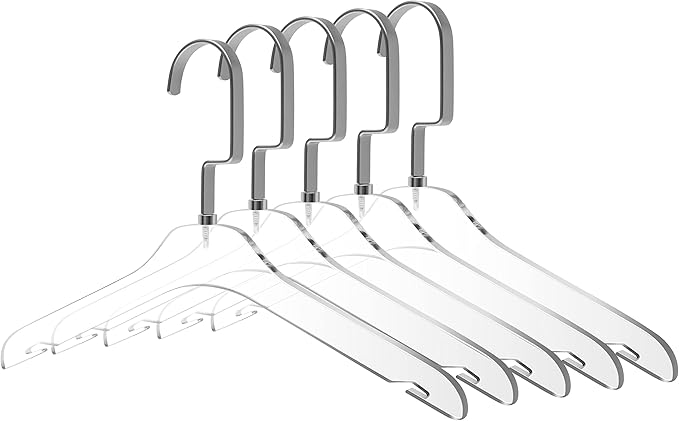 Quality Hangers 5 Pack 12.5 Inches Kids Size Acrylic Hangers – Crystal Clear Hangers for Kids Clothes 7-10 Years Old with Wide Matte Silver Metallic Hook - Acrylic Children Shirt Suit Coat Hanger