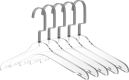 Quality Hangers 5 Pack 12.5 Inches Kids Size Acrylic Hangers – Crystal Clear Hangers for Kids Clothes 7-10 Years Old with Wide Matte Silver Metallic Hook - Acrylic Children Shirt Suit Coat Hanger