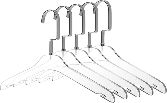 Quality Hangers 5 Pack 12.5 Inches Kids Size Acrylic Hangers – Crystal Clear Hangers for Kids Clothes 7-10 Years Old with Wide Matte Silver Metallic Hook - Acrylic Children Shirt Suit Coat Hanger