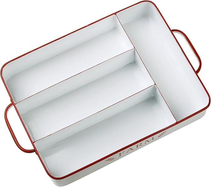 Silverware Drawer Organizer Tray with 4 Slots Farmhouse Kitchen Cutlery Tray for Utensils, Spoons, Knives, Forks, Metal Flatware Holder White with Red Trim