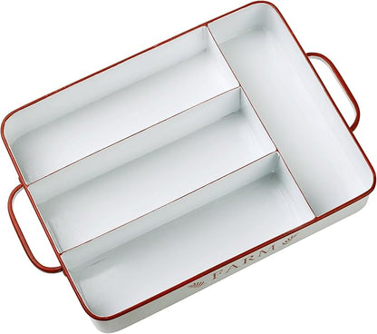 Silverware Drawer Organizer Tray with 4 Slots Farmhouse Kitchen Cutlery Tray for Utensils, Spoons, Knives, Forks, Metal Flatware Holder White with Red Trim