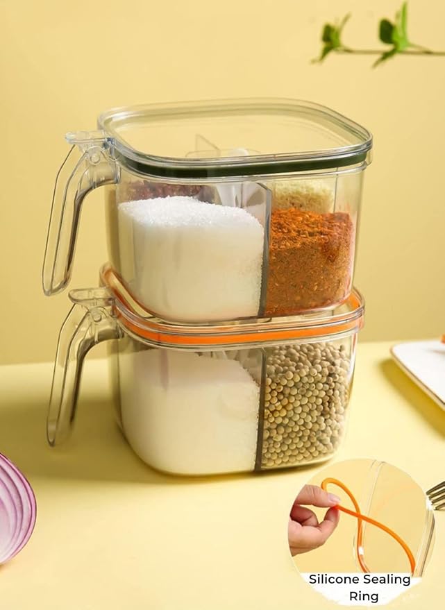 Clear Plastic Condiment Jars - 4 Compartment Set with Lid, Cover and Serving Spoons for Salt, Pepper, Powder