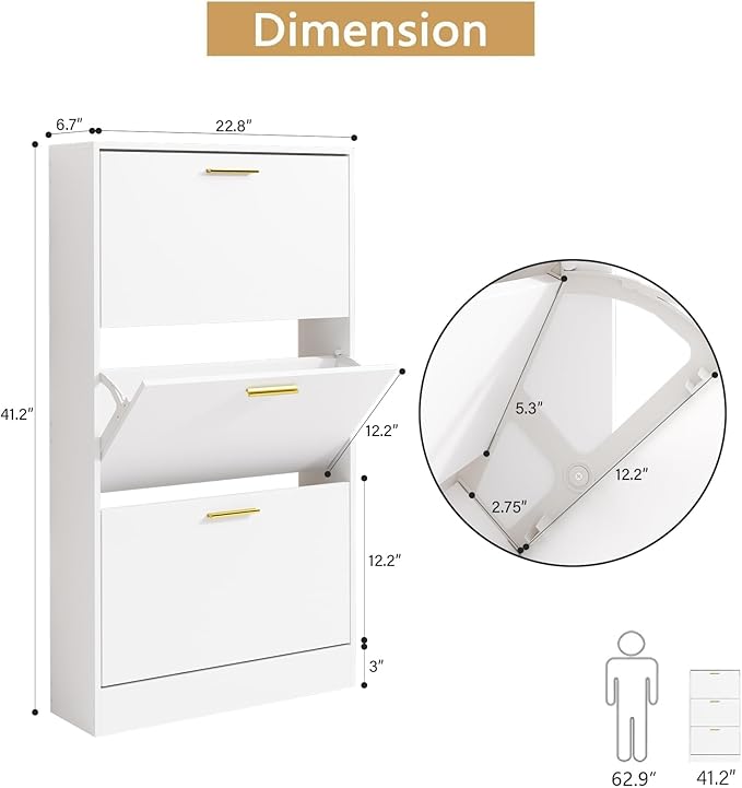 LYNSOM Shoe Cabinet Set of 2, Free Standing Tipping Bucket Shoe Rack Organizer with 3 Flip Drawers, Modern Entryway Shoe Storage with Top Display, Narrow Slim Hidden Shoe Cabinet (White)