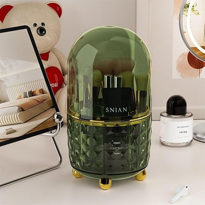 Makeup Brush Holder with Dustproof Lid, 360° Rotating Makeup Organizer, Spinning Cosmetic Organizer Pen Holder for Vanity Bathroom (Dark Green)
