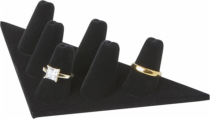 Plymor Black Velvet Ring Finger Display, Six on Triangular Base, 7" W x 3.25" D x 1.5" H