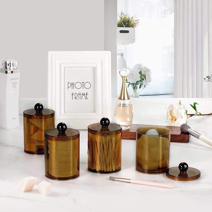 SheeChung 4-Pack Amber Acrylic Apothecary Jars - (2) 10oz & (2) 12oz Qtip Holder Set - Shatterproof Bathroom Vanity Organizer for Cotton Swabs,Balls,Pads - Modern Farmhouse Decor