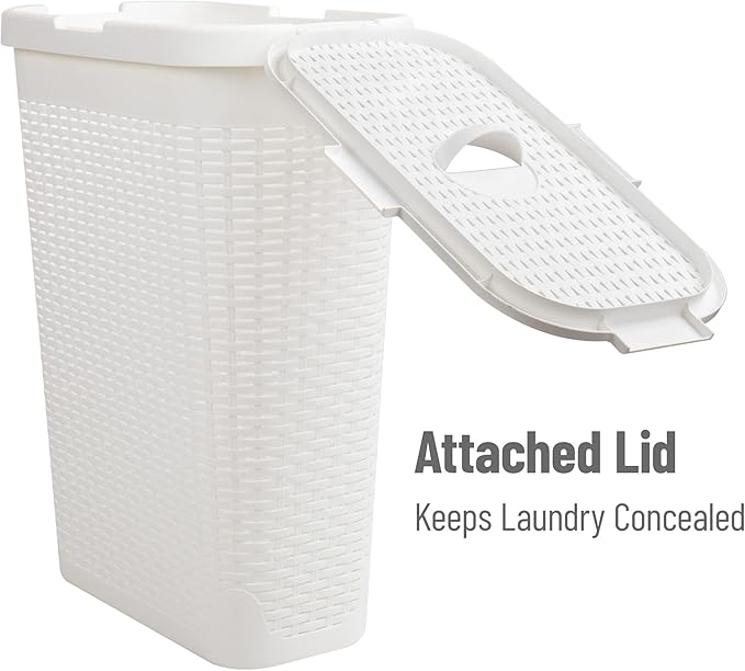 Mind Reader Slim Laundry Hamper with Lid, 40L Clothes Basket, Narrow Tapered Design with Ventilated Cutout Pattern, Plastic, White