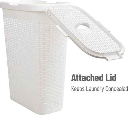 Mind Reader Slim Laundry Hamper with Lid, 40L Clothes Basket, Narrow Tapered Design with Ventilated Cutout Pattern, Plastic, White
