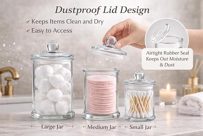 KMWARES 3PCs Set Small Mini Clear Glass Premium Quality Apothecary Jars/Bathroom Storage/Vanity Organizer Canisters for Cotton Balls/Swabs, Makeup Sponges, Bath Salts, Q-Tips (3Jar)